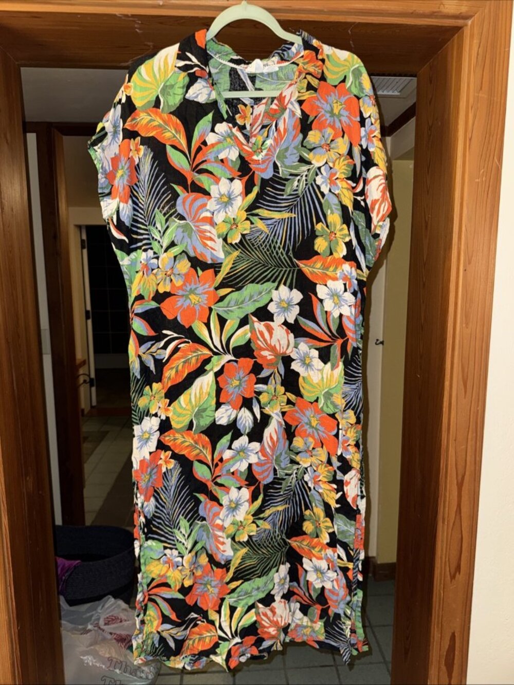 C&C California Dress Womens L Colorful Tropical Floral Linen Blend Midi Resort